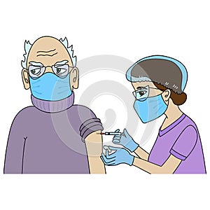Nurse vaccinating a senior man with face mask