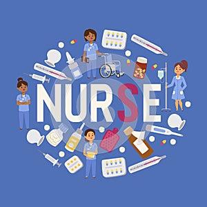 Nurse vector doctor woman medic character in clinic uniform illustration backdrop nursing set of medicine first-aid