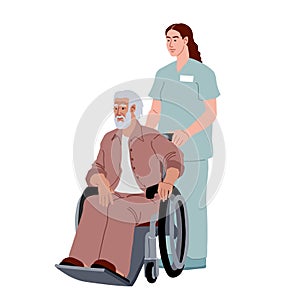 A nurse is wheeling an old man in a wheelchair. A smiling pensioner in the hospital.