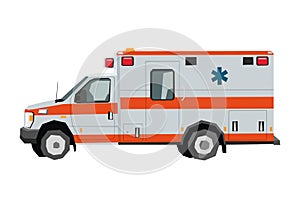 Nursery ambulance car drawing. Rescue medical truck in cartoon style. Isolated vehicle art for kids bedroom decor