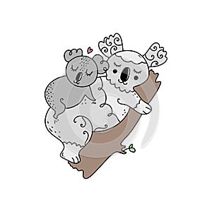 Nursery art with cute koala mom and baby. Vector animals illustration