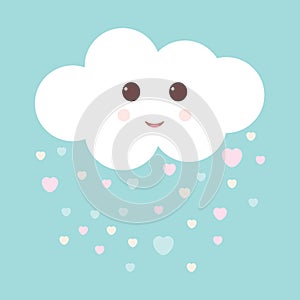 Nursery art with happy smiling cloud and hearts rain. Cute Valentines illustration.