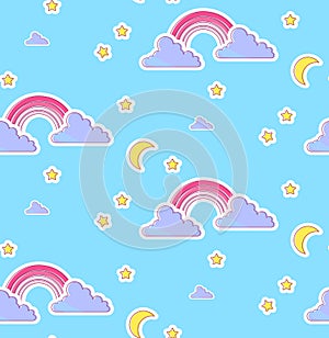 Nursery Baby Seamless Pattern with Rainbow, Clouds, Moon and Stars. Night Sky Design. Vector illustration