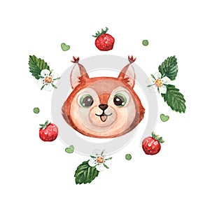 Nursery composition with cute squirrel and strawberry.