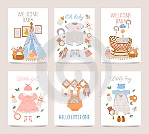 Nursery decor posters. Baby shower cards for boy and girl with newborn clothes, toys and crib in boho style. Cute