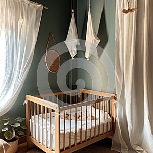 Nursery decorated in beige. Crib stands against white curtains