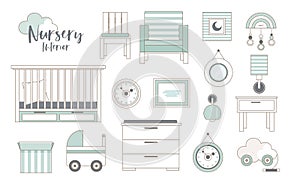 Nursery interior. Icon Collection. Set with baby trendy furniture and toys.