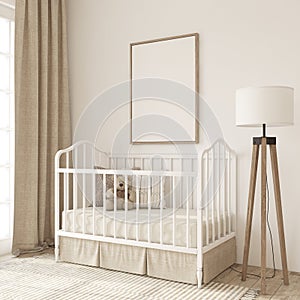 Nursery interior in romantic style. Frame mockup. 3d render