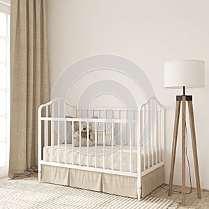 Nursery interior in romantic style. Frame mockup. 3d render