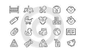 Nursery kid icon. Pictogram of linear newborn child. Diapers and carriage. Bed with carousel. Toddlers food or toys