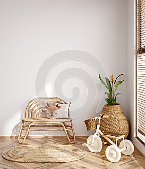 Nursery mockup, neutral unisex children room interior background