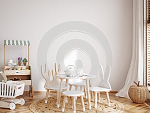 Nursery mockup, neutral unisex children room interior background