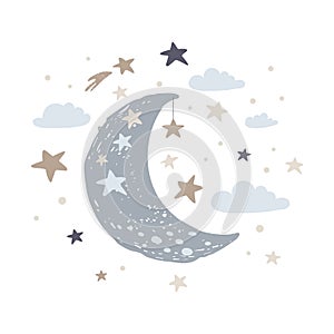 Nursery poster with cute moon cloud and stars. Vector Illustration