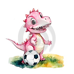 Nursery print with cute pink tyrannosaurus dinosaur is playing football on a white background in an isolated watercolor style