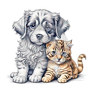 Nursery print with cute puppy and kitten in the style of an antique engraving on a white background isolated