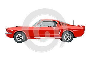 Nursery retro car drawing. Muscle car in cartoon style. Isolated vehicle print for boys playroom decor. Side view