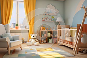 nursery room with gender-neutral colors and interactive learning features. 4k photo realistic