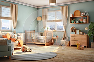 nursery room with gender-neutral colors and interactive learning features. 4k photo realistic