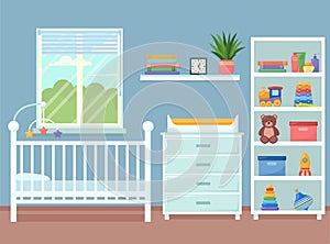 Nursery room interior. Room for baby boy, vector illustratio photo