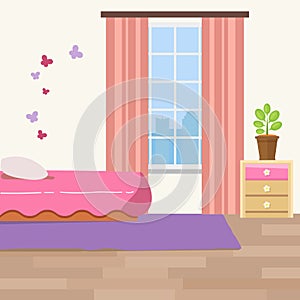 Nursery room with white furniture. Baby pink stripe interior. Girl room design with bed, crib mobile, chest of drawers