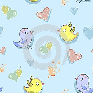 Nursery seamless childish pattern with fairy flowers, birds, butterflies. Creative kids texture for fabric, wrapping