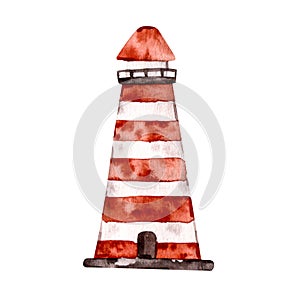 Nursery Watercolor red and white lighthouse tower One single object Symbol of hope, reliability, help, awareness, safety