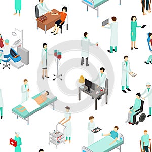 Nurses Attending Patients Seamless Pattern Background Isometric View. Vector photo