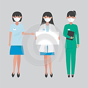 Nurses and doctor wearing mask hold board