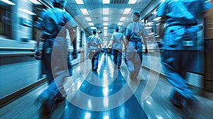 Nurses rush through a hospital corridor.