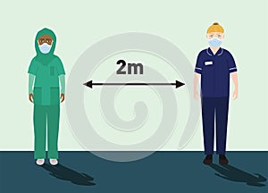 Nurses social distancing at 2 metres apart vector