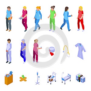 Nursing assistant icons set isometric vector. Old people