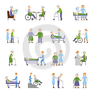 Nursing Elderly People Icons Set