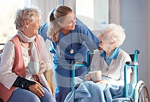 Nursing home, care and nurse with senior women doing healthcare checkup, examination or consultation. Medical