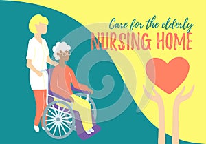 Nursing home. Care for people with disabilities and oldster. Carers and social workers
