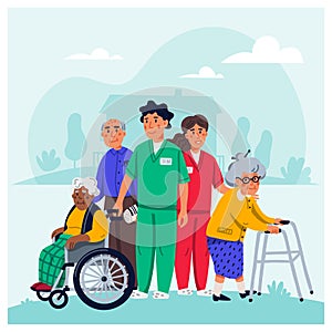 Nursing home concept. Group of elderly people and social workers on white background. Senior people healthcare