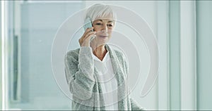 Nursing home, phone call and senior woman with a smile from online communication while talking. Elderly female person