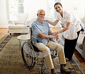 Nursing home, portrait and disabled man in wheelchair, medical wellness and support of nurse. Happy caregiver help
