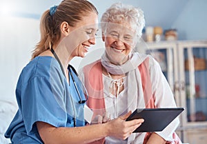 Nursing home, senior patient and nurse with tablet, medical exam results or digital report of stethoscope heart test