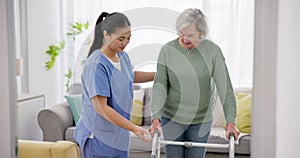 Nursing home, support and senior woman with walker in living room with nurse for balance, support or rehabilitation