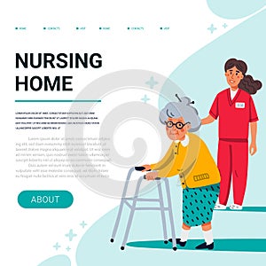 Nursing home web banner template. Old lady with paddle walker and young nurse. Senior people healthcare assistance. Flat
