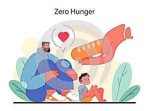 Nurturing a hunger-free world. A father and child depicted with symbols of love and sustenance.