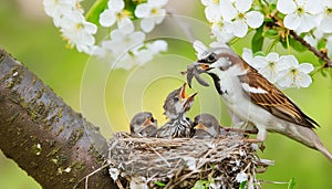 Nurturing Love: Sparrow Feeding Chicks in Nest