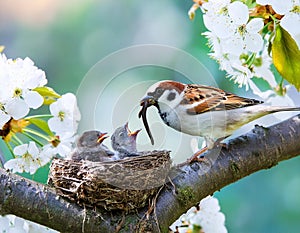 Nurturing Love: Sparrow Feeding Chicks in Nest