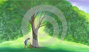 Nurturing Nature\'s Growth: A Serene Image of Tree Care, Made with Generative AI