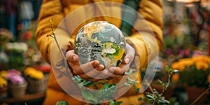 Nurturing Our Planet Hands Holding Earth on Earth Day. Hands cradling a detailed globe with care, against a backdrop of plants,