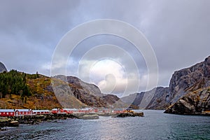 Nusfjord, authentic fishing village with traditional red Rorbu houses, Lofoten Islands, Norway, Scandinavia