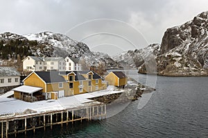 Nusfjord fishing harbor in the winter time on the Lofoten Island