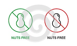 Nut Free Line Icon Set. Nuts Product Stop Sign. Peanuts Forbidden Symbol. Food Allergy on Peanut Logo. No Contain Peanut