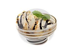 Nut ice cream in glass bowl