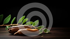 A nut and a leaf on top of some wood, AI